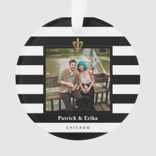 Black & White Stripes Fleur de Lis Photo Ornament