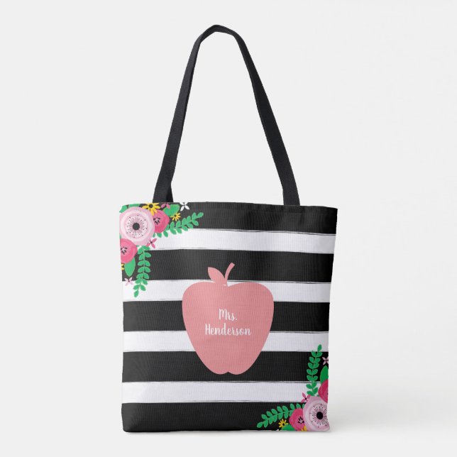 Black + White Stripes Floral Apple Teacher Tote Bag (Back)