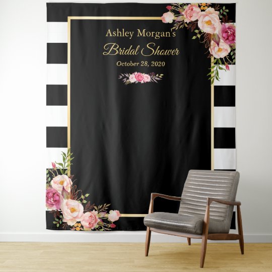 Black White Stripes Floral Bridal Shower Backdrop Zazzle Com