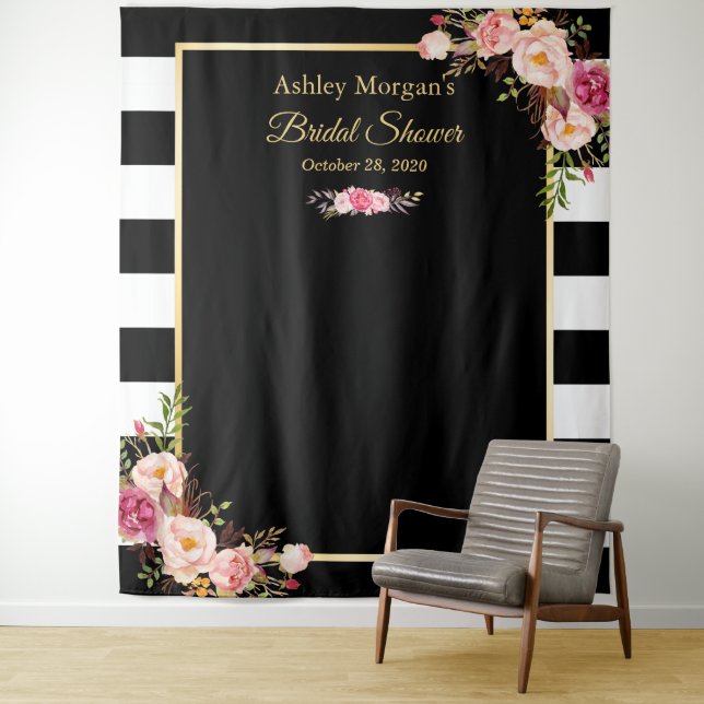 Black White Stripes Floral Bridal Shower Backdrop (In Situ)