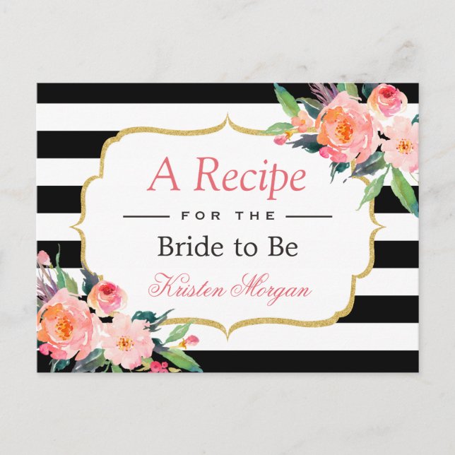 Black White Stripes Floral Bridal Shower Recipe Postcard (Front)