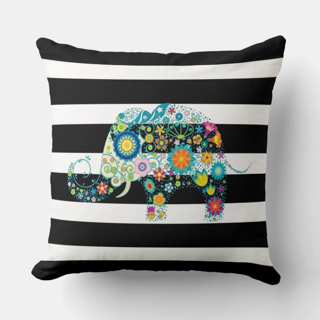 Black & White Stripes & Floral Elephant Throw Pillow (Front)
