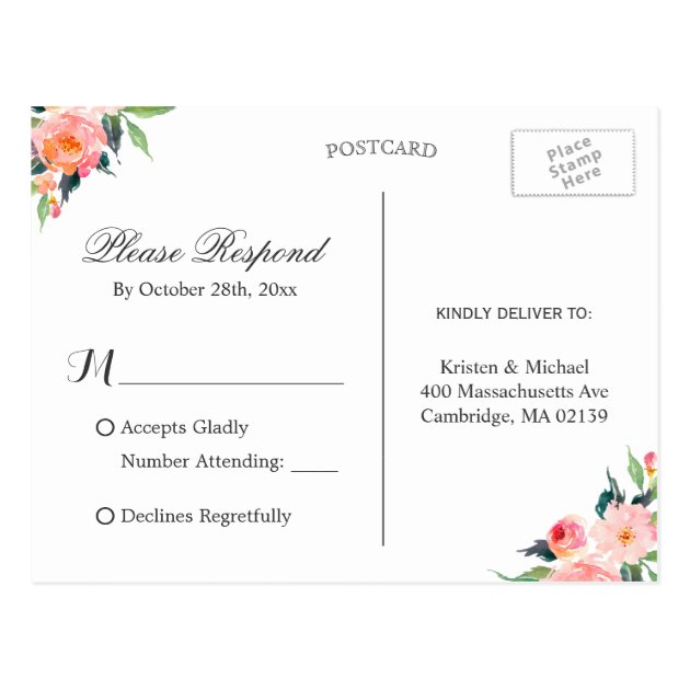 Black White Stripes Floral Gold Wedding RSVP Reply Postcard