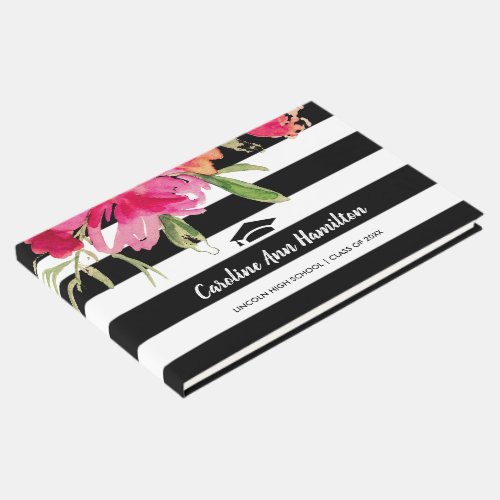 Black  White Stripes Floral Graduation Guest Book