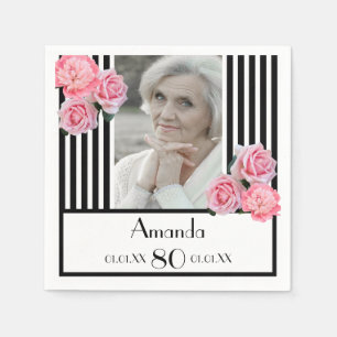Black white stripes floral photo 80th birthday napkins