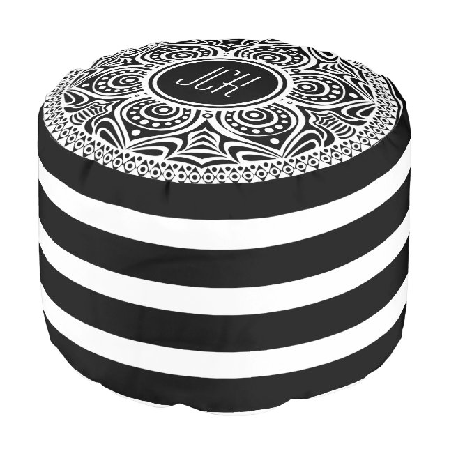 Black & White Stripes & Floral Turkish Design Pouf (Angled Front)