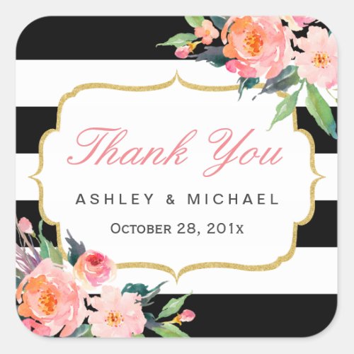 Black White Stripes Floral Wedding Favor Thank You Square Sticker