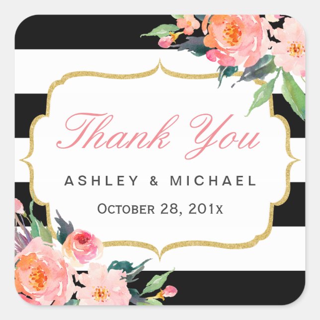 Black White Stripes Floral Wedding Favor Thank You Square Sticker (Front)