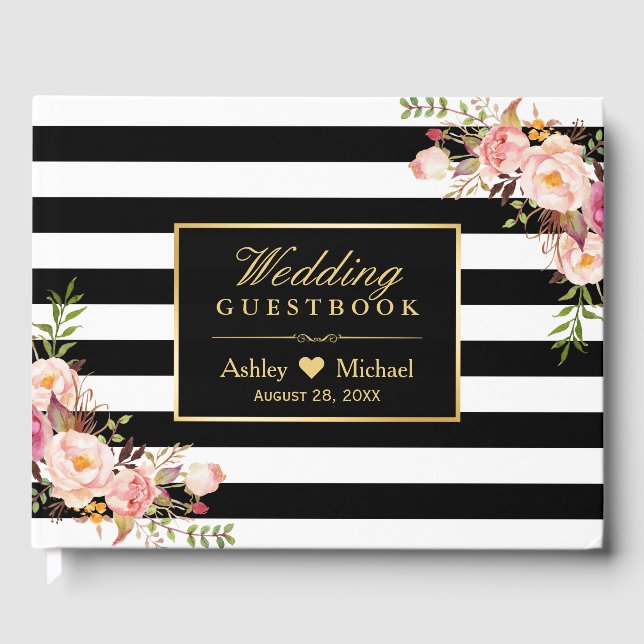 Black White Stripes Floral Wedding Guest book (Front)