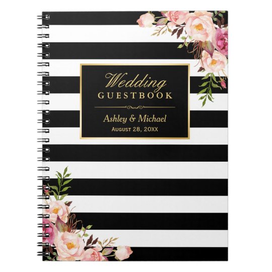 Black White Stripes Floral Wedding Guestbook Notebook