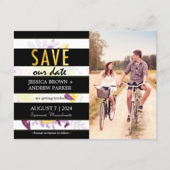 Black White Stripes Floral Wedding Save Our Date Announcement Postcard by BridalHeaven at Zazzle