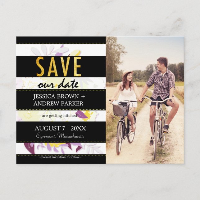 Black White Stripes Floral Wedding Save Our Date Announcement Postcard (Front)