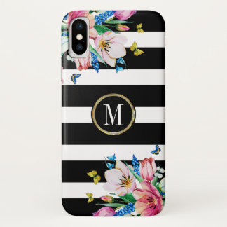 Black & White Stripes & Flowers & Butterflies iPhone X Case
