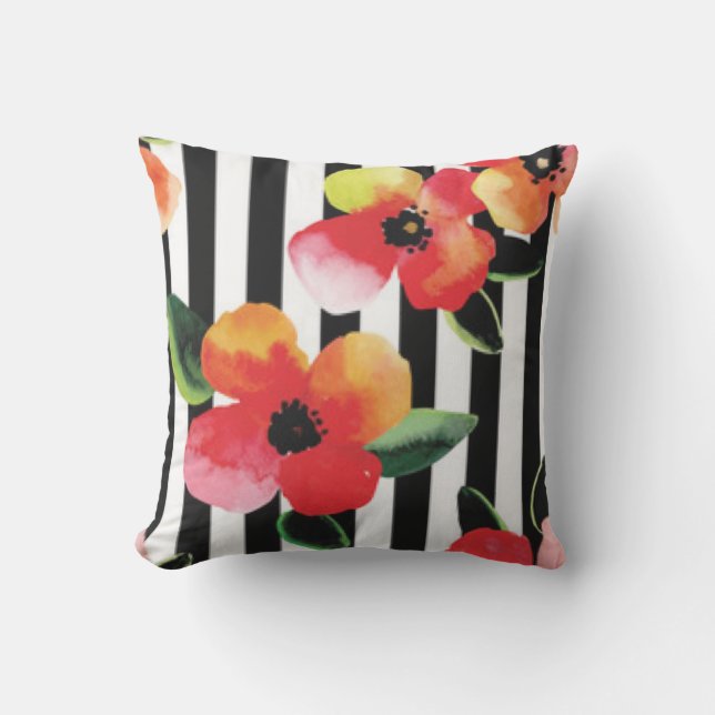 Black White Stripes Flowers Pattern Print Design Throw Pillow (Front)