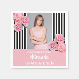Black white stripes flowers photo graduate 2022 napkins