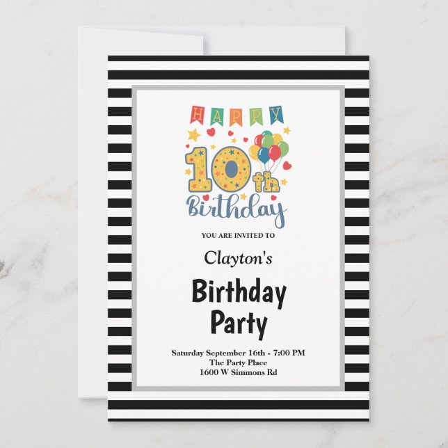 Black/White Stripes Framed 10th Birthday Party Invitation (Front)