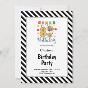 Black/White Stripes Framed 8th Birthday Party Invitation