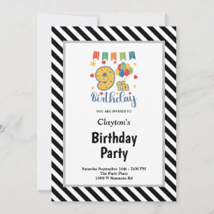Black/White Stripes Framed 9th Birthday Party Invitation