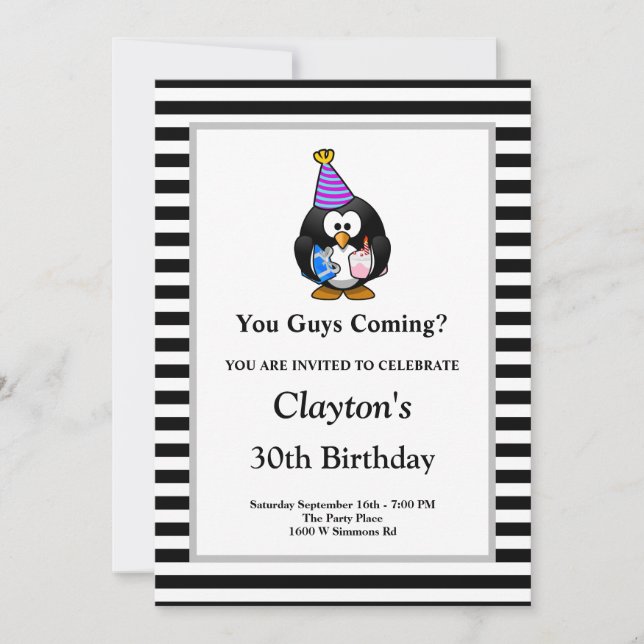 Black/White Stripes Framed Funny Birthday Party Invitation (Front)