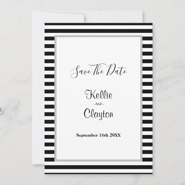 Black/White Stripes Framed Wedding Save The Date (Front)