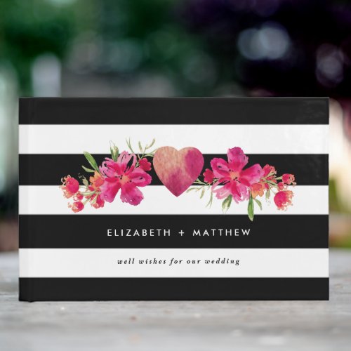 Black  White Stripes Fuchsia Floral Wedding  Guest Book