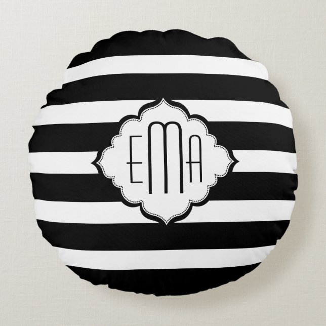 Black & White Stripes Geometric Pattern Round Pillow (Front)