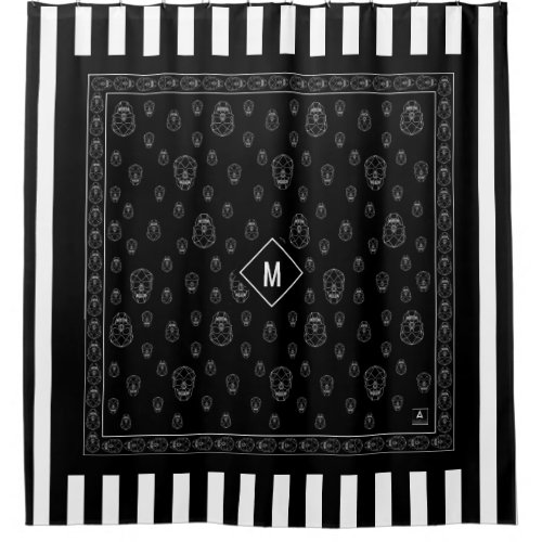 Black  White Stripes Geometric Skull Monogram Shower Curtain