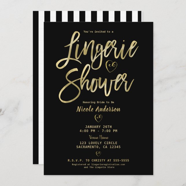 Black White Stripes Glam Gold Lingerie Shower Invitation (Front/Back)
