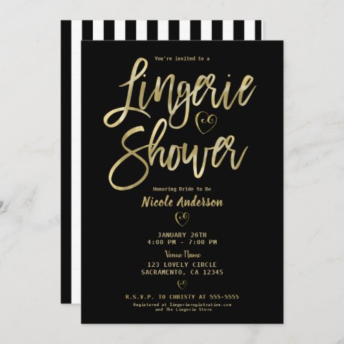 Black White Stripes Glam Gold Lingerie Shower Invitation