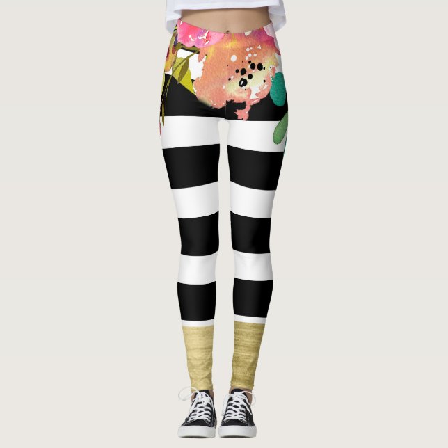 Black White Stripes Glam Gold Modern Floral Chic Leggings (Front)