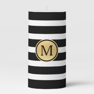 Black & White Stripes Gold Accent Monogram Pillar Candle