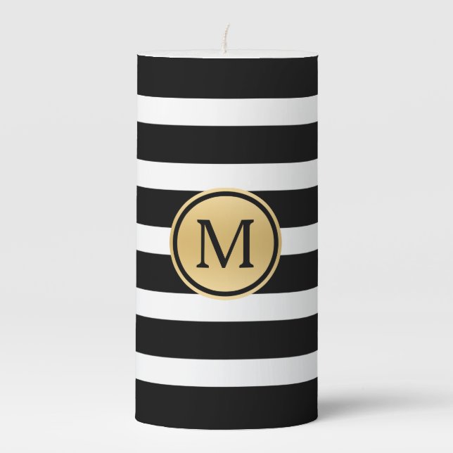 Black & White Stripes Gold Accent Monogram Pillar Candle (Front)