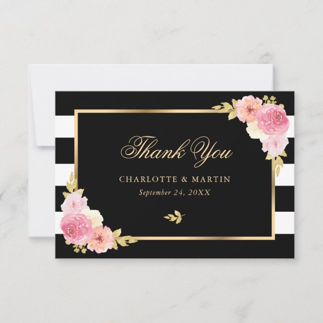 Black White Stripes Gold Blush Pink Floral Wedding Thank You Card (Front)