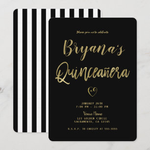Black & White Stripes Gold Chic 15 Quinceañera Invitation