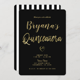Black & White Stripes Gold Chic 15 Quinceañera Invitation