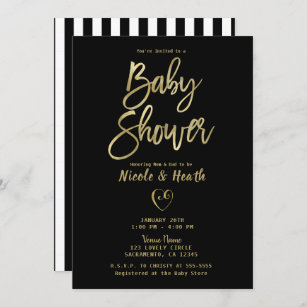 Black White Stripes Gold Chic Baby Shower  Invitation