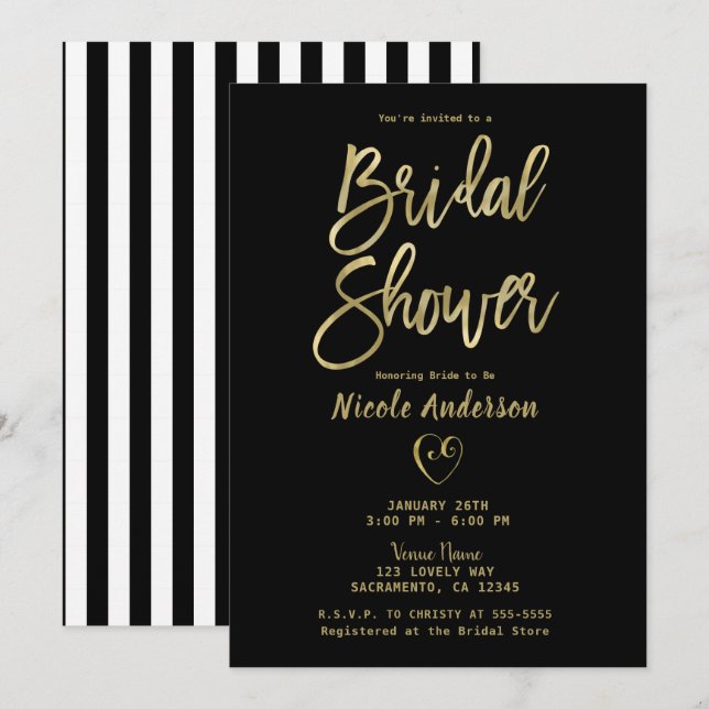 Black White Stripes Gold Chic Bridal Shower  Invit Invitation (Front/Back)