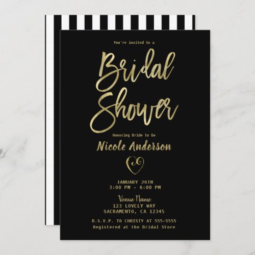 Black White Stripes Gold Chic Bridal Shower  Invit Invitation