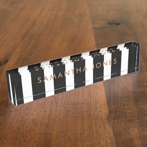 Black White Stripes Gold Classic Personalized Desk Name Plate