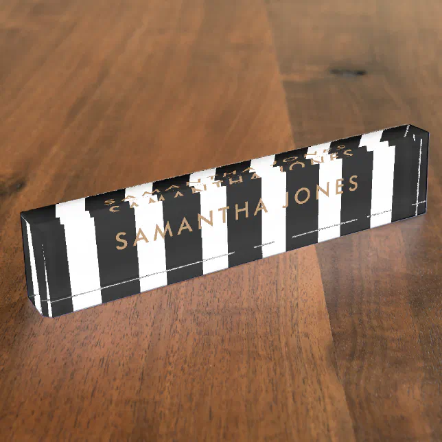 Black White Stripes Gold Classic Personalized Desk Name Plate | Zazzle