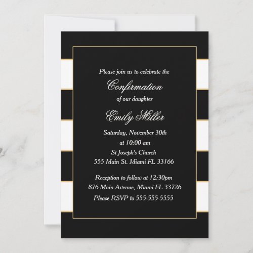 Black White Stripes Gold Confirmation Invitation