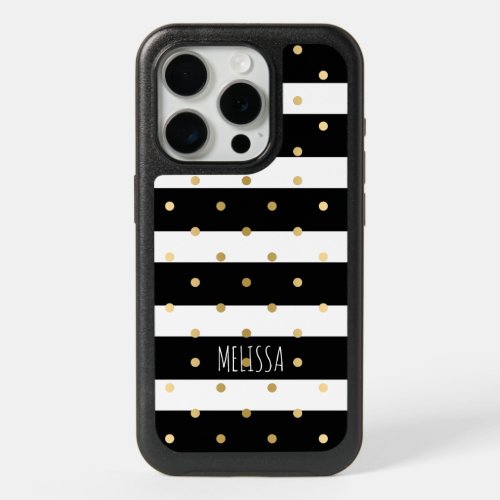 Black  White Stripes Gold dots pattern iPhone 15 Pro Case