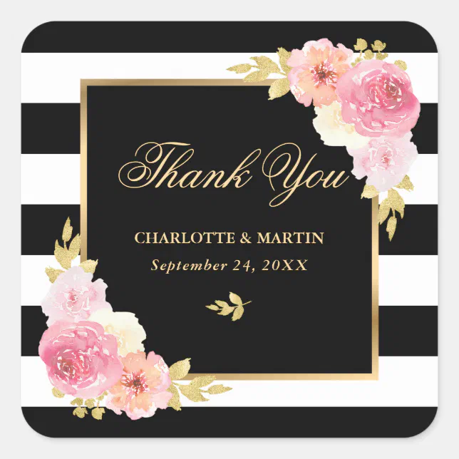 Black White Stripes Gold Floral Wedding Thank You Square Sticker | Zazzle