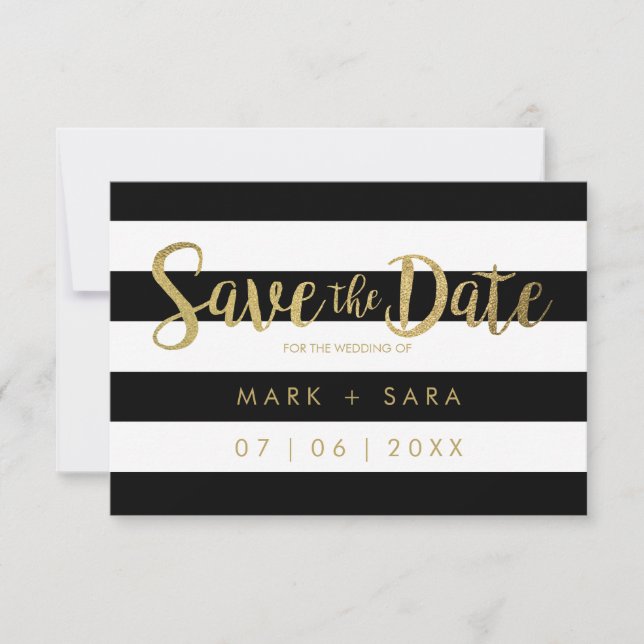 Black & White Stripes Gold Foil Save the Date (Front)