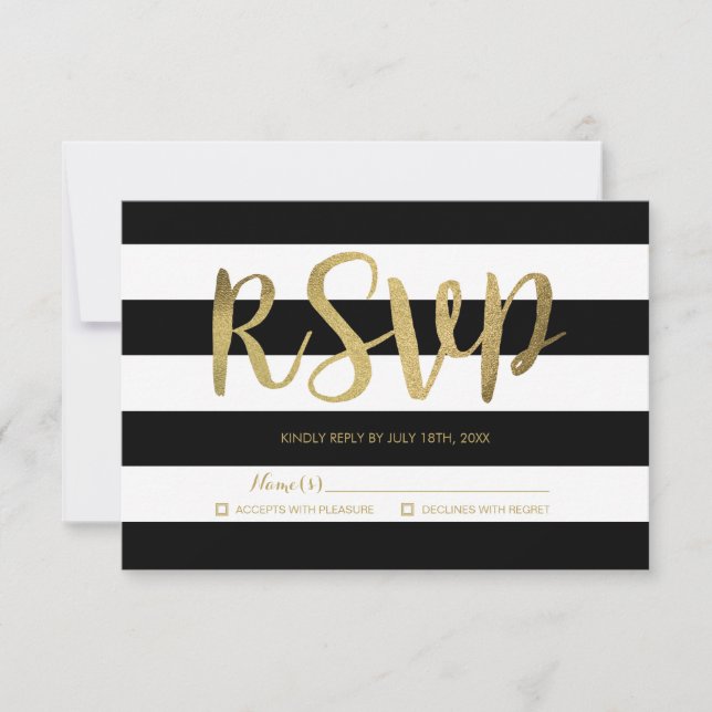 Black & White Stripes Gold Foil Wedding RSVP (Front)