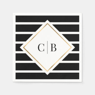 Black White Stripes Gold Frame Monogram Wedding Napkins