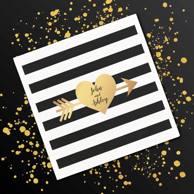 Black & White Stripes Gold Heart Wedding Paper Napkins (Creator Uploaded)