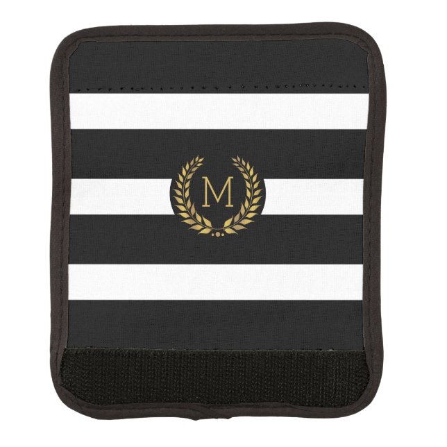 Black white stripes gold laurel wreath monogram luggage handle wrap (Front)