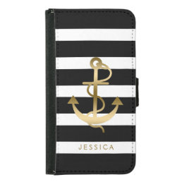 Black &amp; White Stripes Gold Nautical Boat Anchor 2 Samsung Galaxy S5 Wallet Case