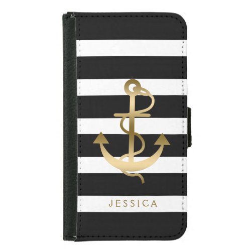 Black  White Stripes Gold Nautical Boat Anchor 2 Samsung Galaxy S5 Wallet Case